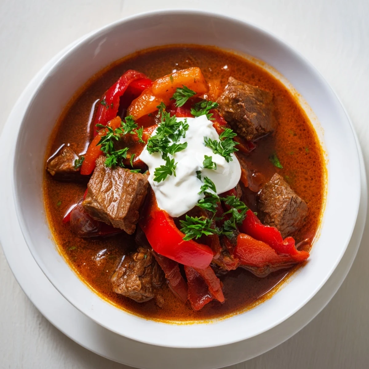 Savory rich beef goulash with bell peppers steaming in a Dutch oven, topped with sour cream and fresh parsley for a hearty dinner.