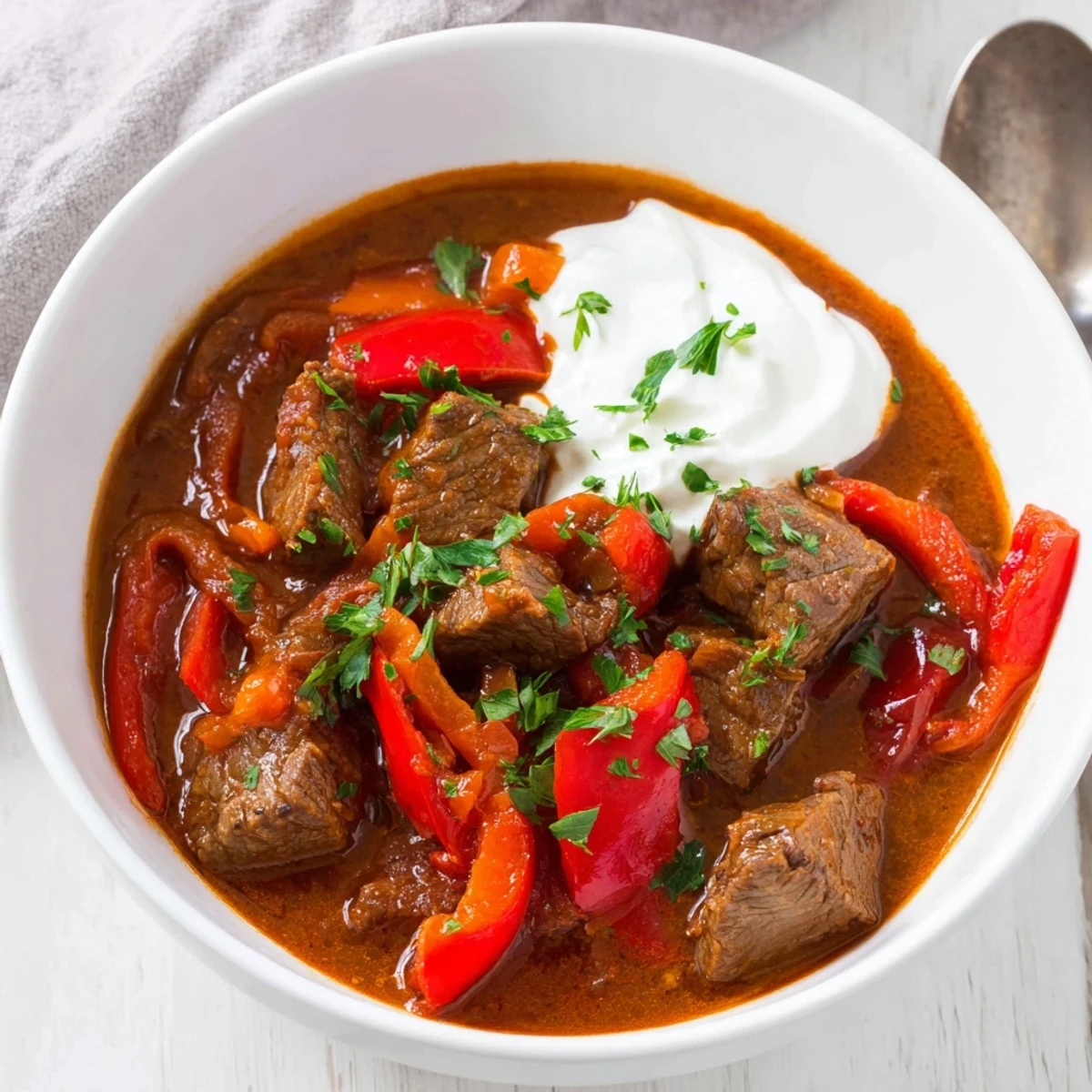 Red and yellow bell peppers mingle with tender beef in this rich beef goulash, served over buttered noodles for a comforting meal.