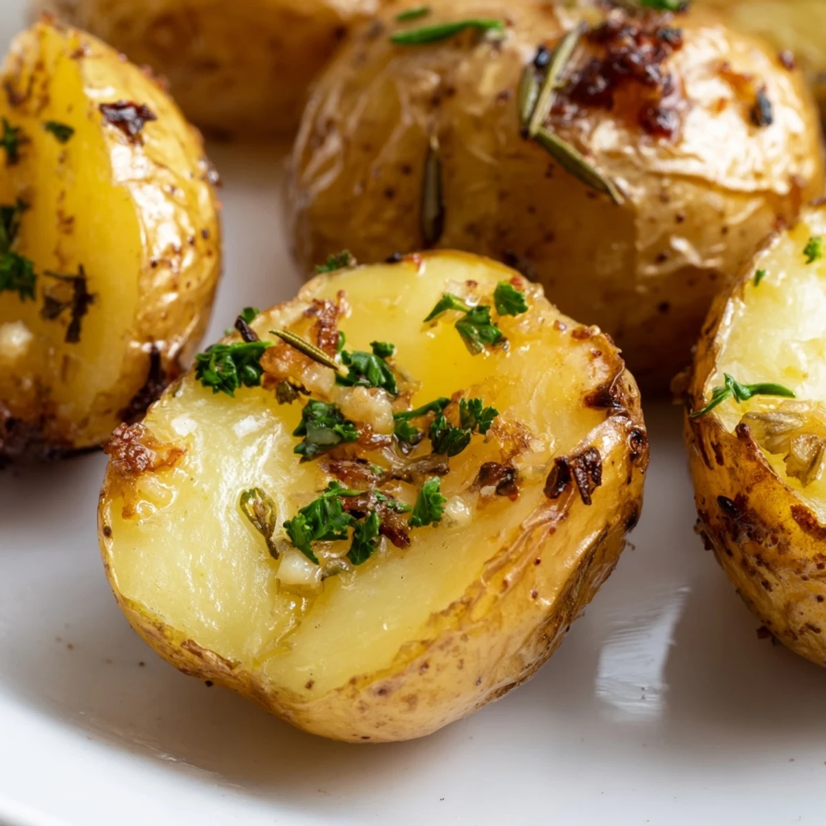 Freshly roasted Herb Roasted Baby Potatoes with crispy golden edges and fluffy insides. Garnished with chopped parsley and garlic on a white plate for a family dinner.