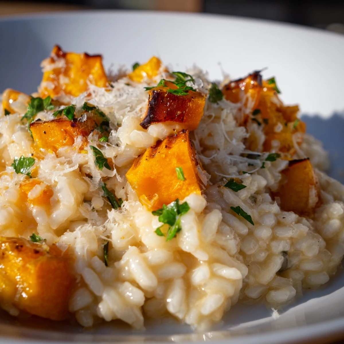 Creamy risotto features sweet roasted butternut squash and savory Parmesan cheese garnish.