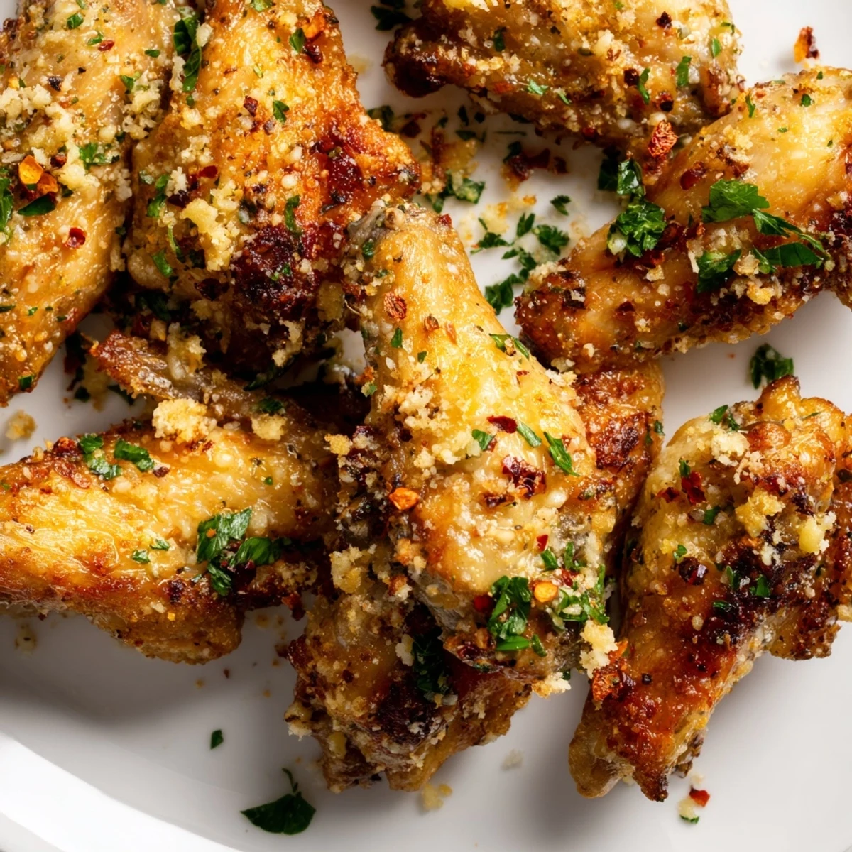 Golden, crispy Garlic Parmesan Chicken Wings fresh from the oven, tossed with melted butter, minced garlic, and fresh parsley.