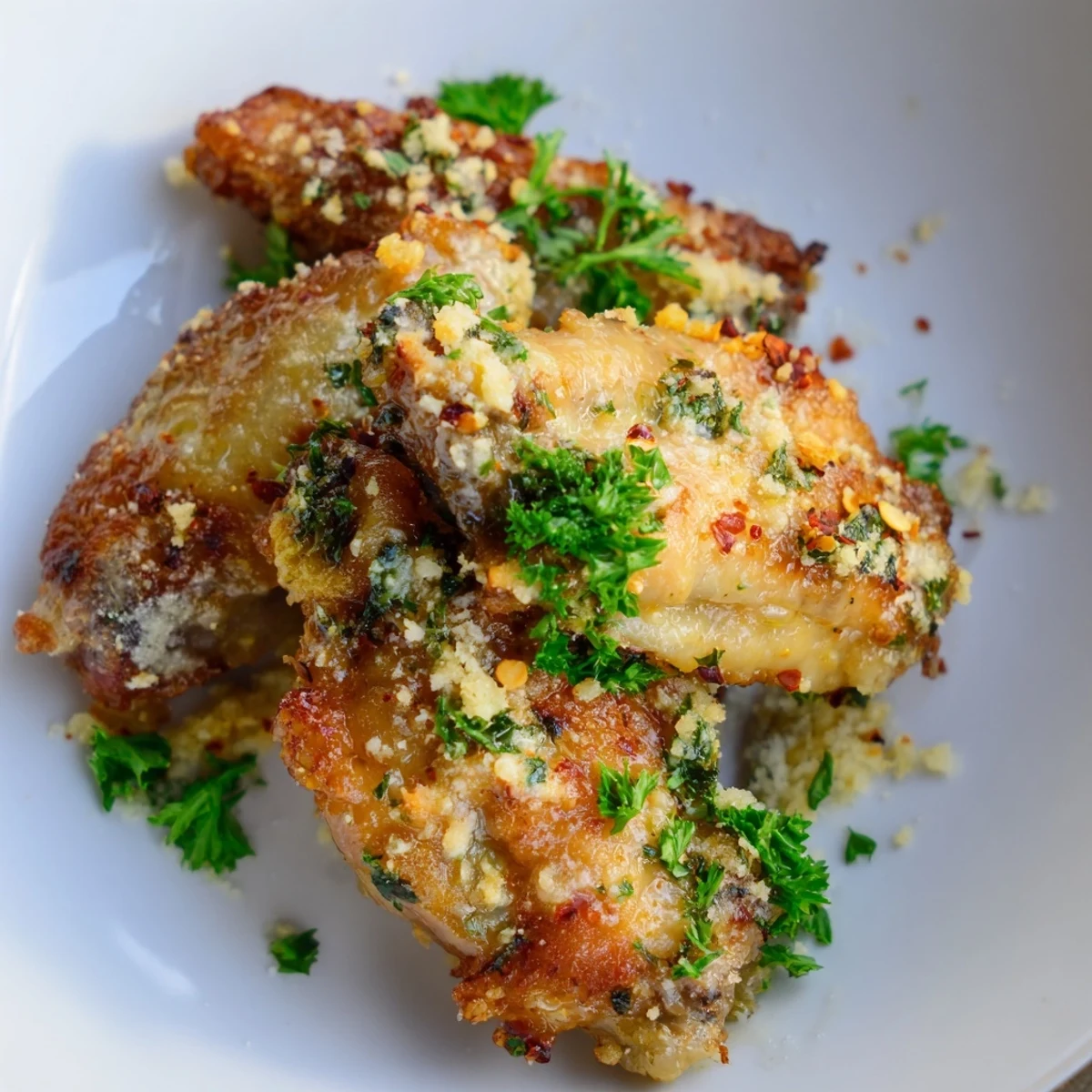 Garlic Parmesan Chicken Wings served hot on a platter with blue cheese dip, perfect for game day snacking.