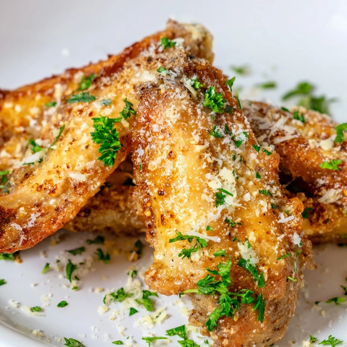 Seasoned Garlic Parmesan Chicken wings on a wire rack, ready to be tossed in savory butter and grated Parmesan.