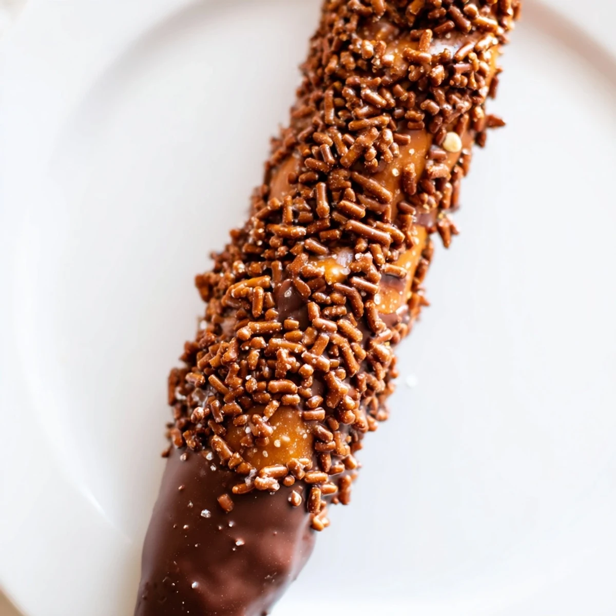 Glazed pretzel rods dipped in chocolate and sprinkled with toffee, ready to enjoy.