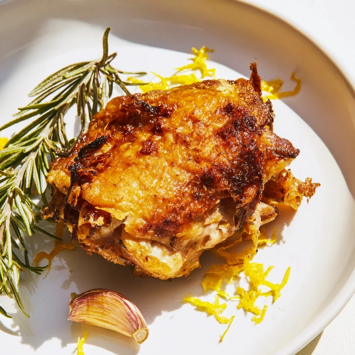 Crispy Skin Chicken Thighs with Rosemary roasted to golden perfection with garlic and lemon in a skillet.
