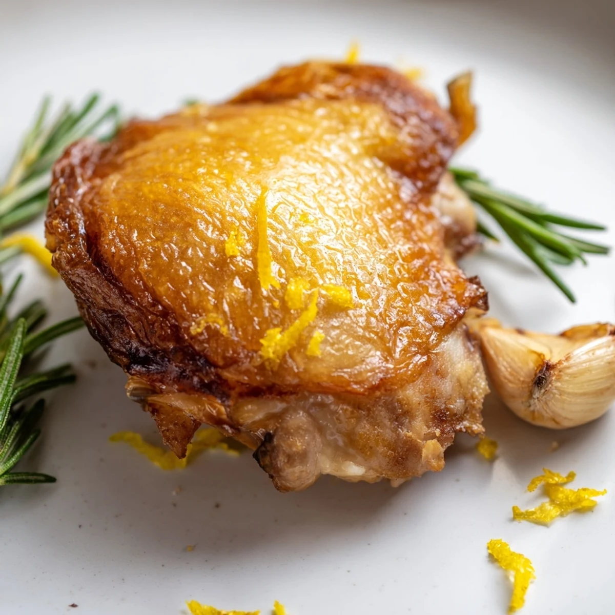 Golden-brown Crispy Skin Chicken Thighs with Rosemary served hot with lemon wedges and fresh herbs.