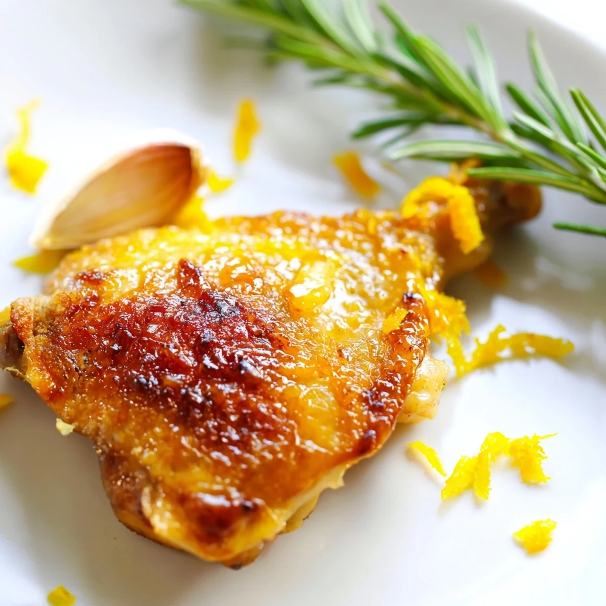 Succulent Crispy Skin Chicken Thighs with Rosemary resting in a cast-iron skillet, ready for dinner.