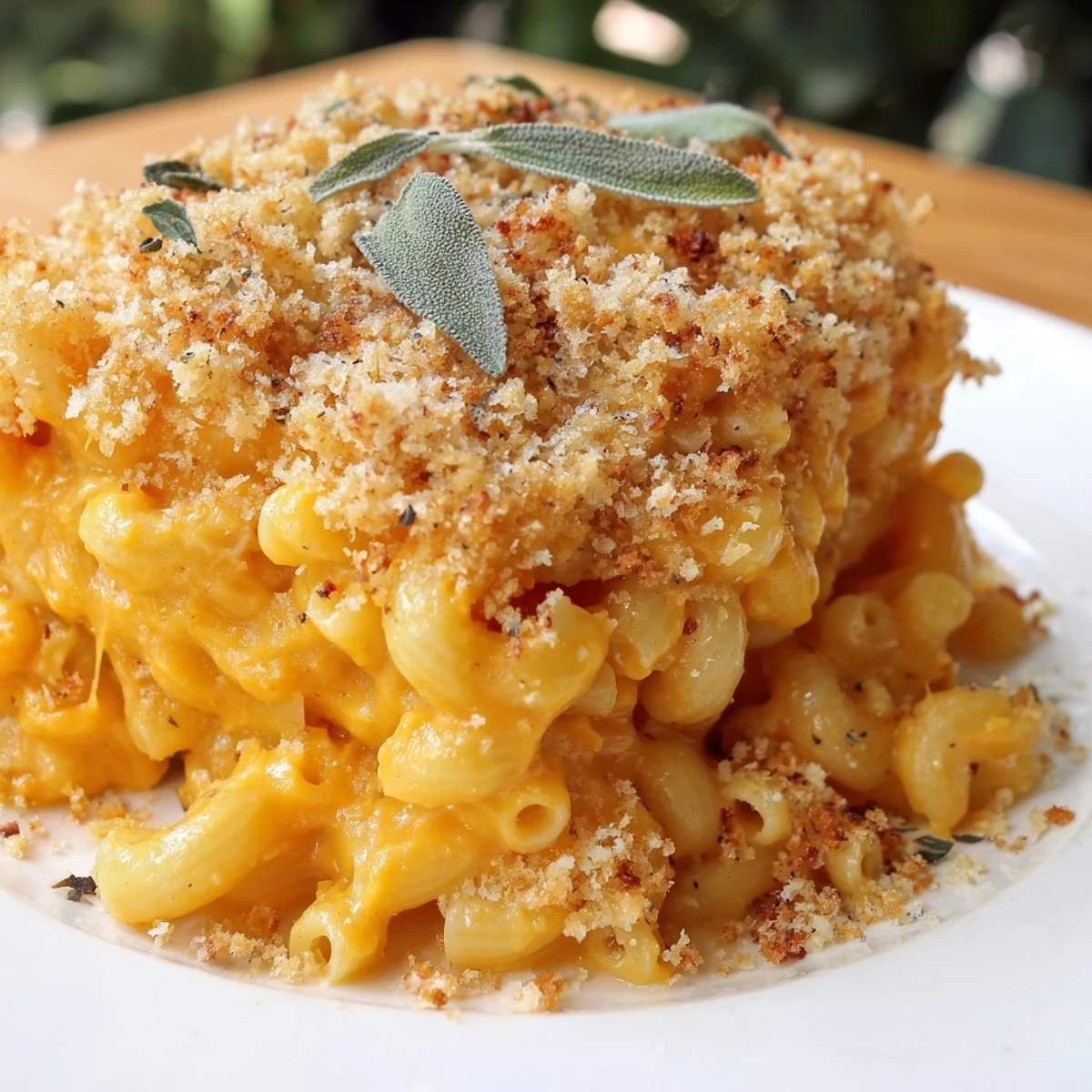 Creamy butternut squash mac and cheese baked with crispy panko topping and sage, served hot from the oven.