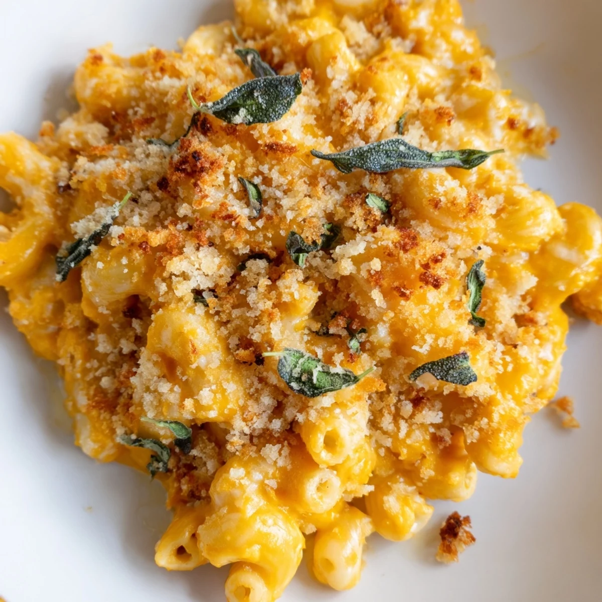 Golden roasted butternut squash mac and cheese with sage in a white bowl, garnished with fresh herbs.