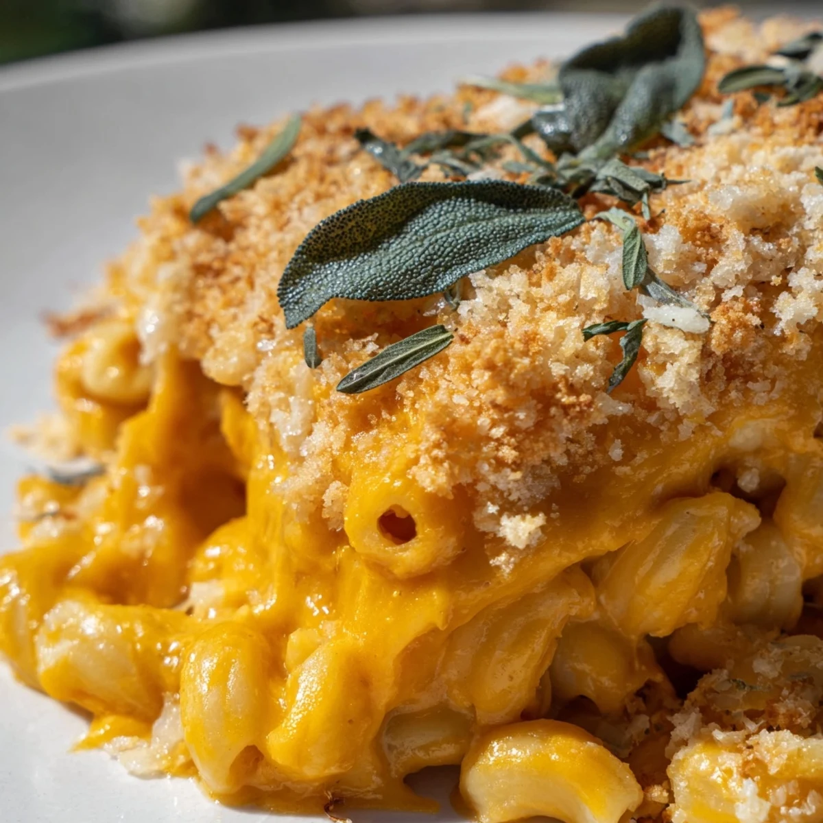 Freshly prepared butternut squash mac and cheese with sage, garnished with chopped herbs on a rustic table.