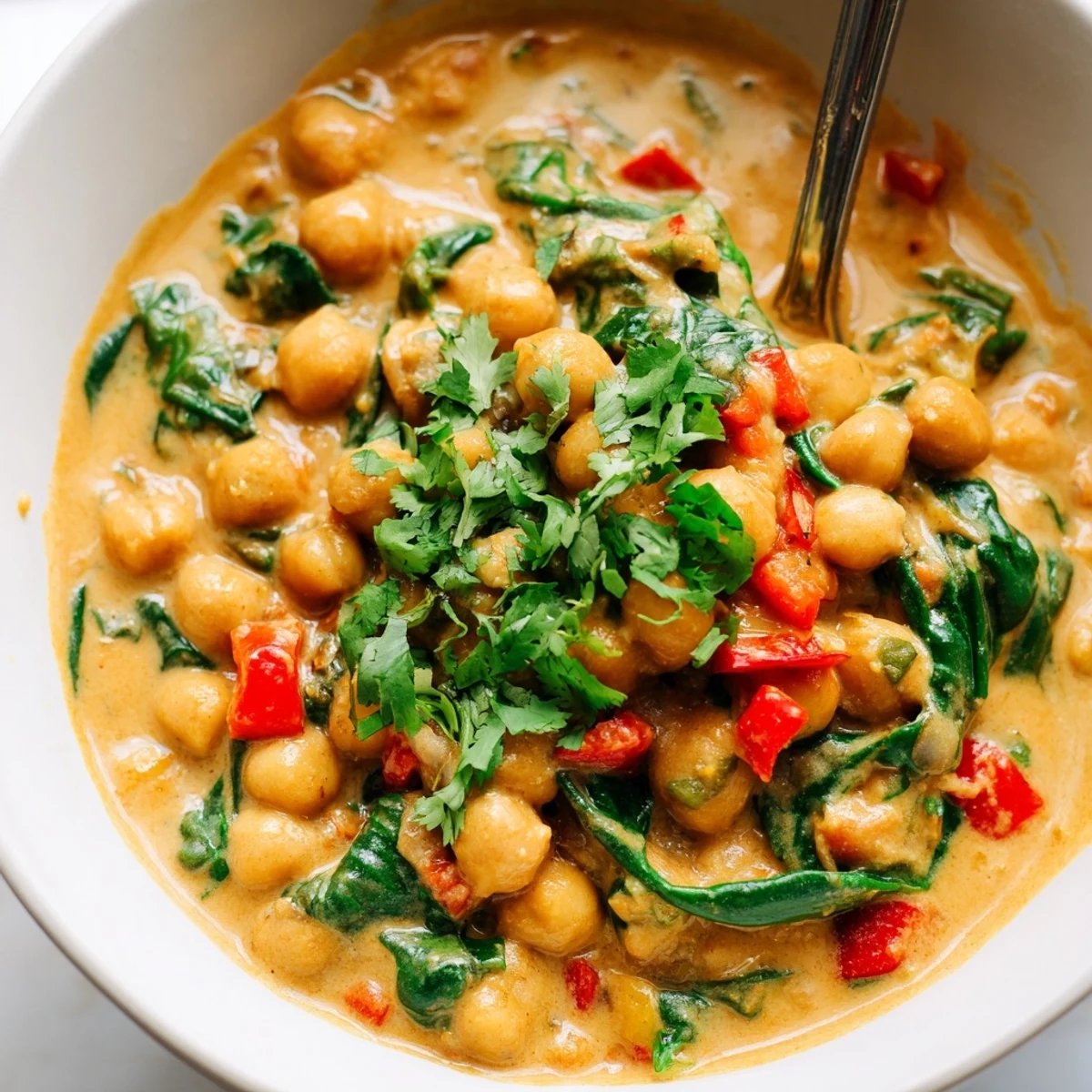 A large pot of Vegan Chickpea Curry with Coconut Milk bubbling on the stove, featuring tender chickpeas and vibrant red bell peppers. 