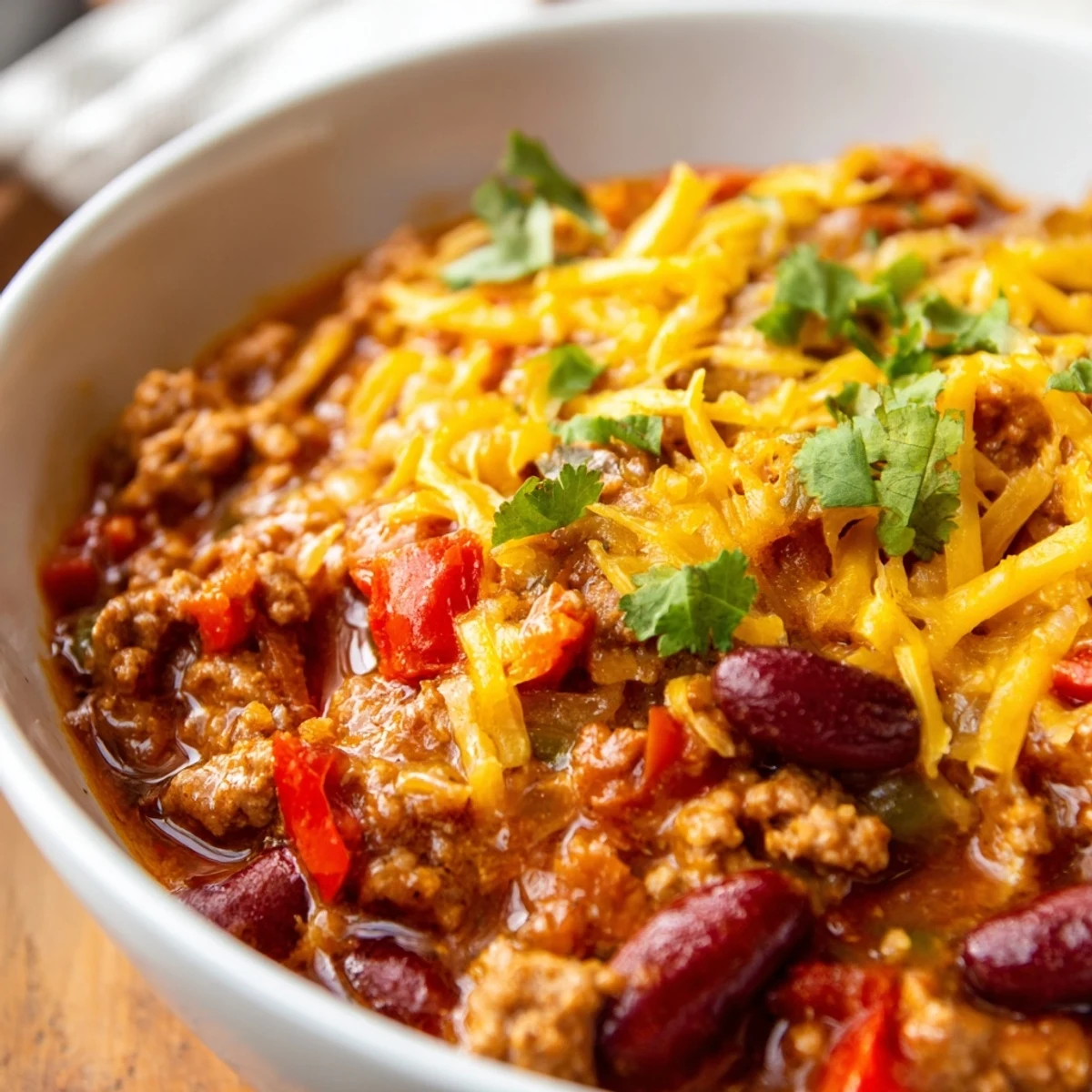 A steaming bowl of Turkey Chili with Kidney Beans and Cheddar, topped with melted cheese and fresh cilantro.