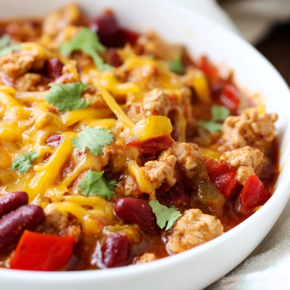 Close-up of Turkey Chili with Kidney Beans and Cheddar featuring ground turkey and rich red sauce.