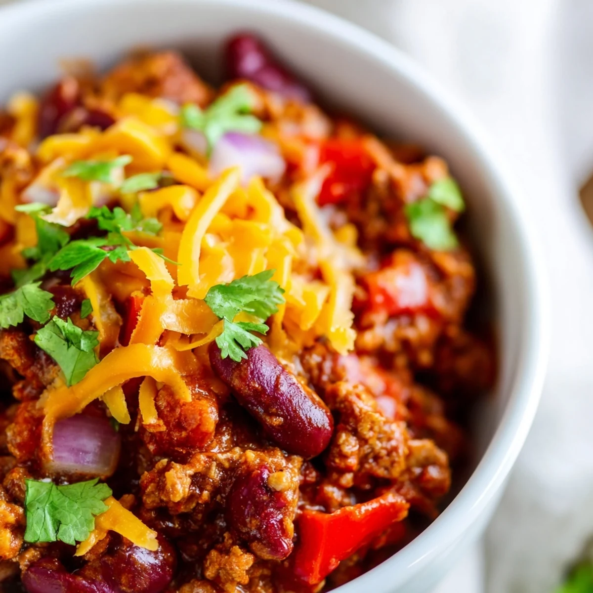 Hearty Turkey Chili with Kidney Beans and Cheddar served in a rustic bowl, perfect for a cozy meal.