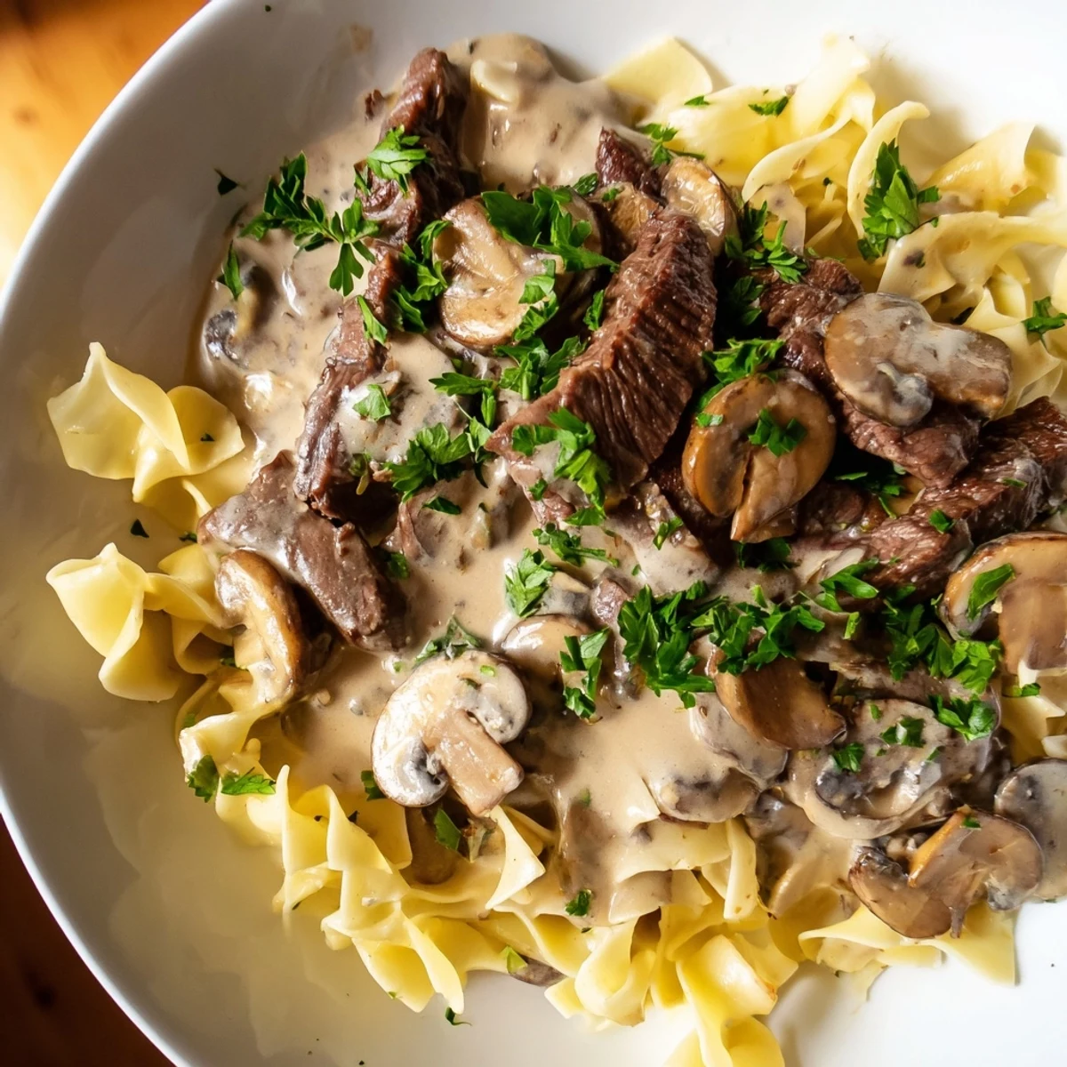Tender beef strips and golden mushrooms in a creamy sauce spooned over wide egg noodles, garnished with fresh parsley for a comforting Beef Stroganoff dinner.
