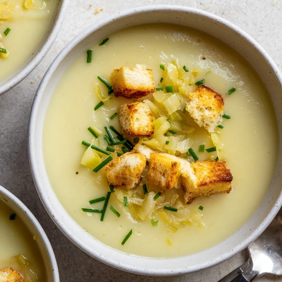 Creamy Potato Leek Soup with Garlic Croutons served hot in a rustic earthenware bowl, garnished with fresh chopped chives and drizzled with olive oil.