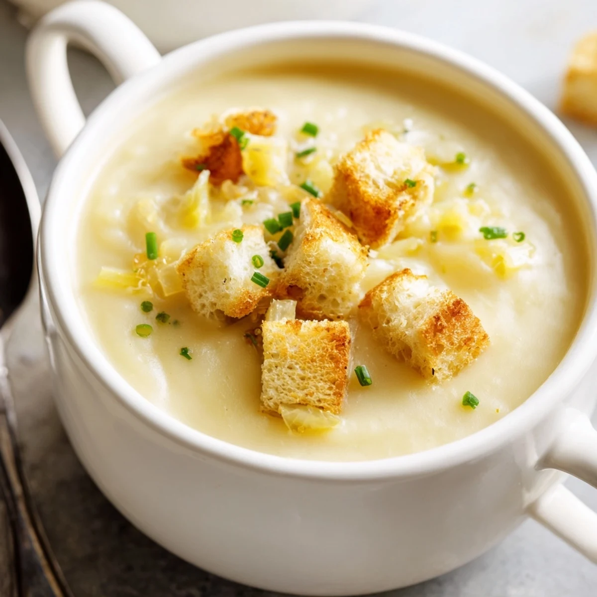 A comforting bowl of Creamy Potato Leek Soup topped with golden homemade garlic croutons, resting on a linen napkin with a spoon nearby.