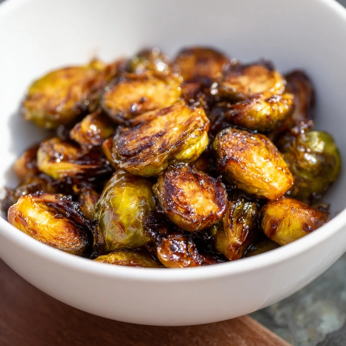 Roasted Brussels Sprouts with Balsamic Glaze glistening on a white plate, showcasing crispy caramelized edges. 