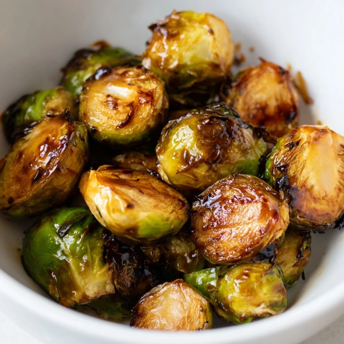 Golden brown Roasted Brussels Sprouts with Balsamic Glaze tossed in a dark, sticky sauce. 