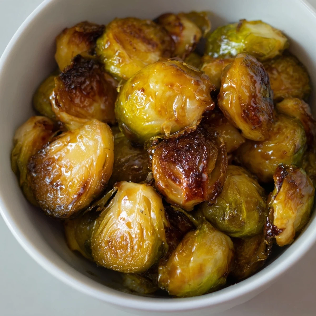 Close-up of Roasted Brussels Sprouts with Balsamic Glaze, highlighting charred leaves and a sweet drizzle.