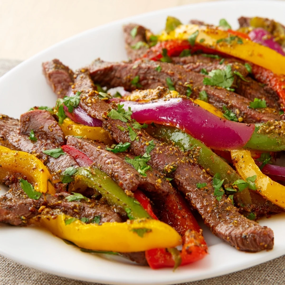 Sizzling Sheet Pan Steak Fajitas with Peppers and Onions roasted on one pan, topped with avocado slices and a drizzle of salsa.