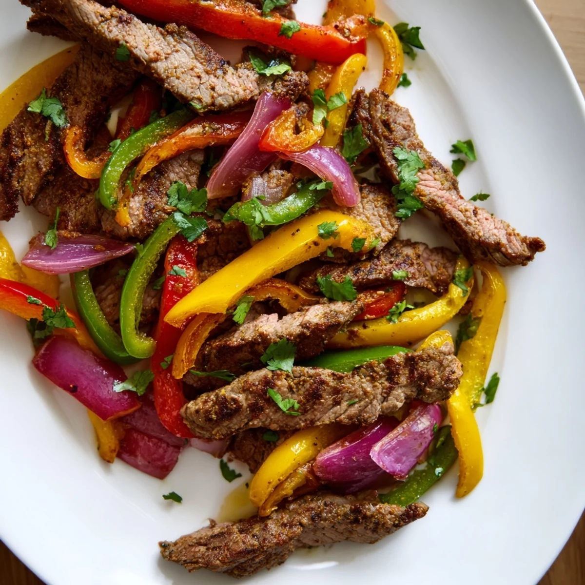 Juicy Sheet Pan Steak Fajitas with Peppers and Onions served warm with corn tortillas, lime wedges, and fresh cilantro.