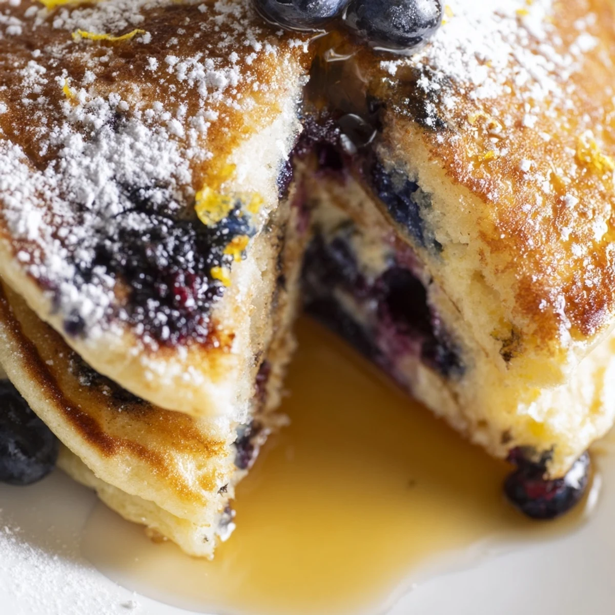 Stack of fluffy Lemon Blueberry Ricotta Pancakes drizzled with warm maple syrup for breakfast.