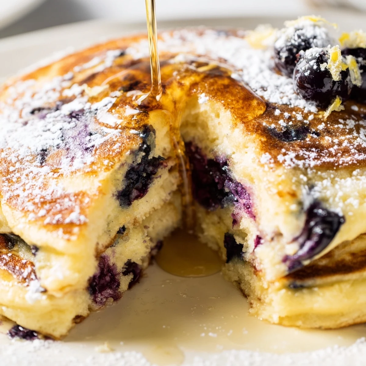 Freshly cooked Lemon Blueberry Ricotta Pancakes on a white plate with lemon zest garnish.