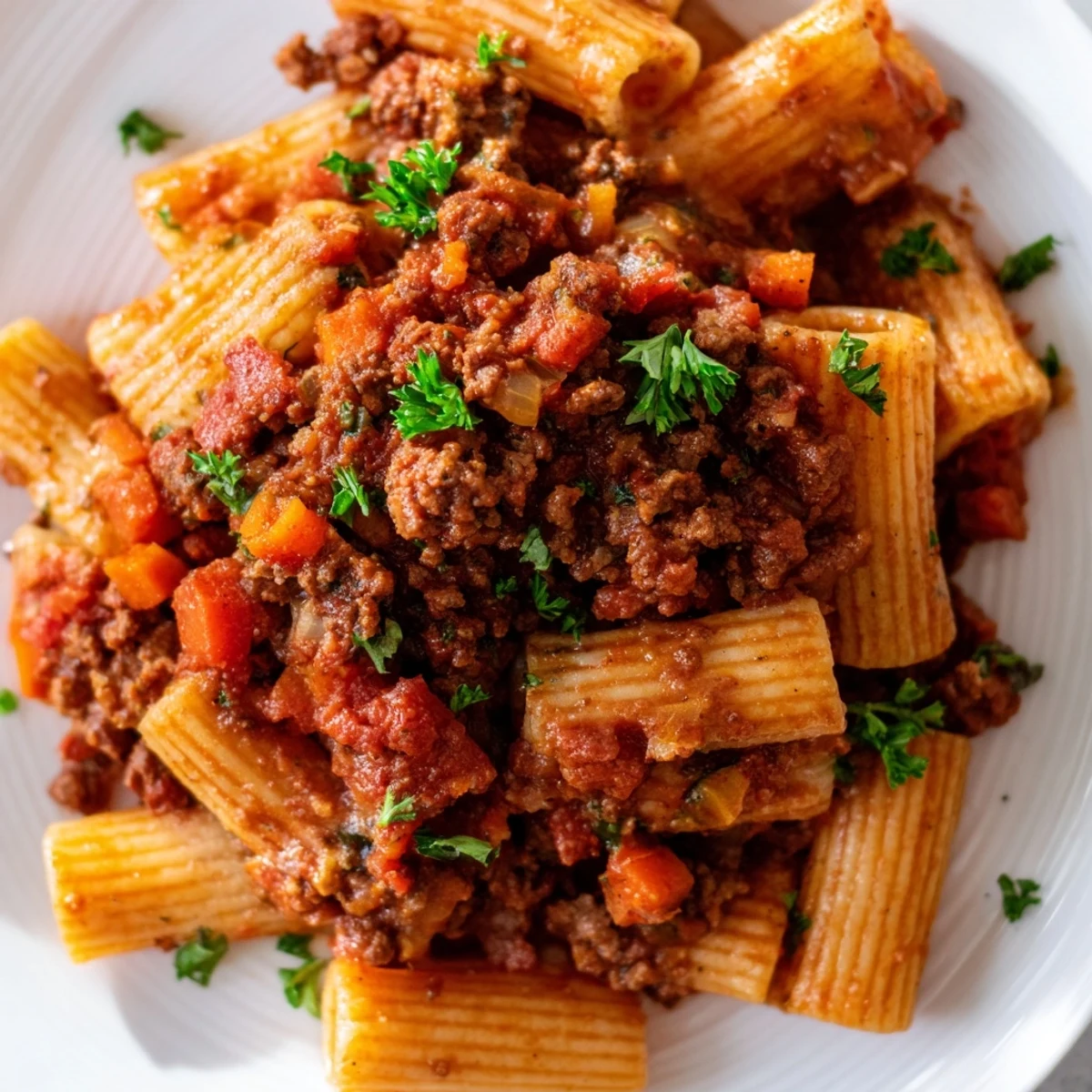 Freshly cooked ragu sauce served over pappardelle pasta, garnished with basil and Parmesan cheese.