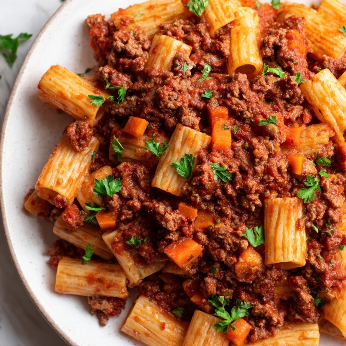 A bowl of slow cooker ragu sauce topped with chopped parsley, ready to be served with pasta.