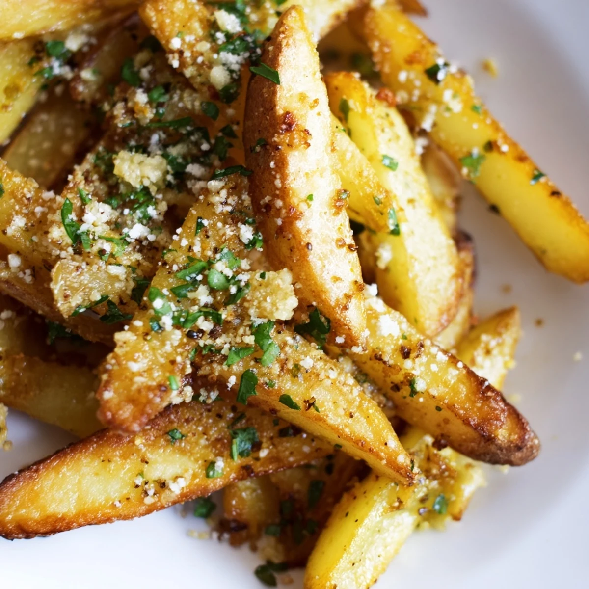 Golden-brown Roasted Fries with Garlic garnished with fresh parsley on a rustic baking sheet.