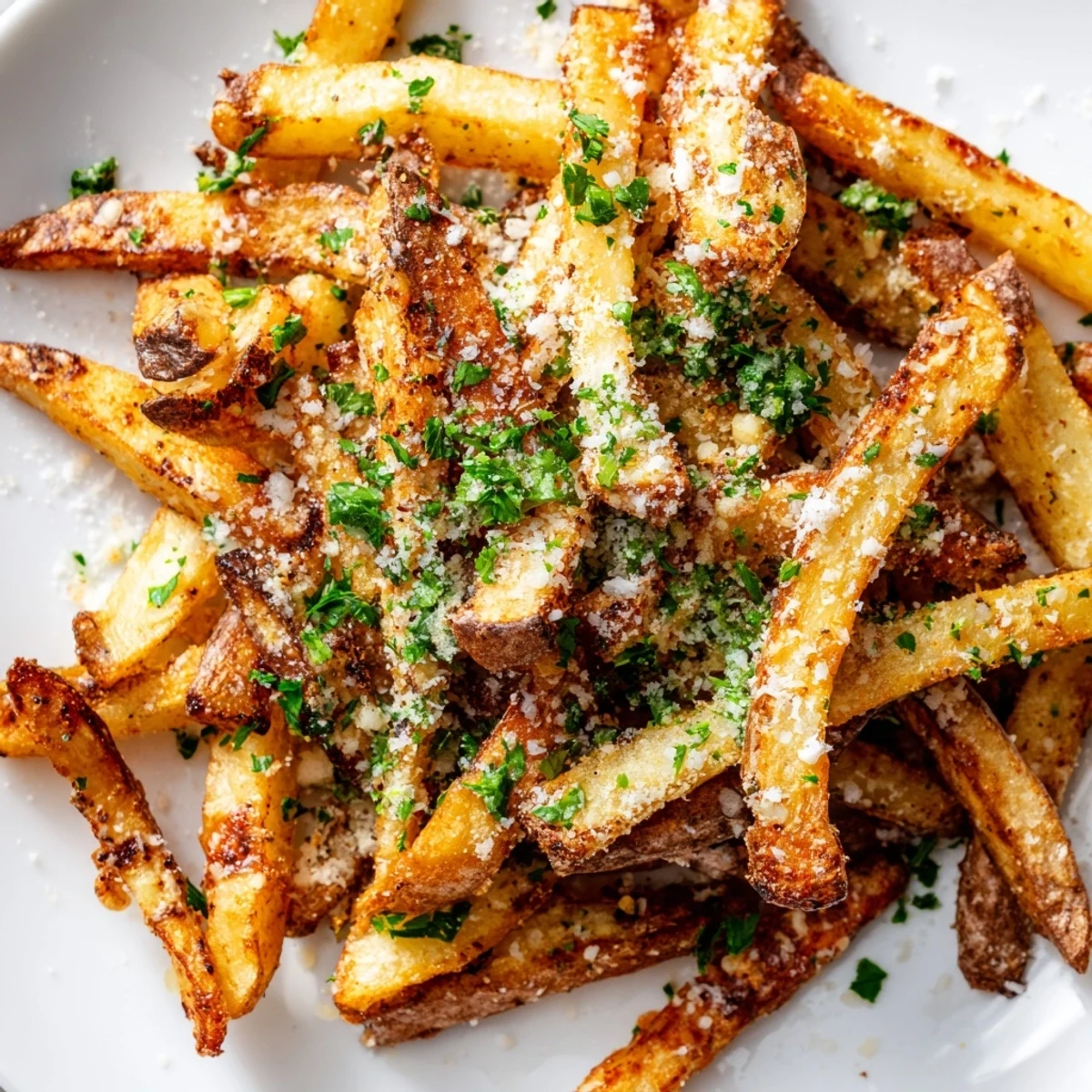 Crispy Roasted Fries with Garlic topped with grated Parmesan and minced garlic, straight from the oven.