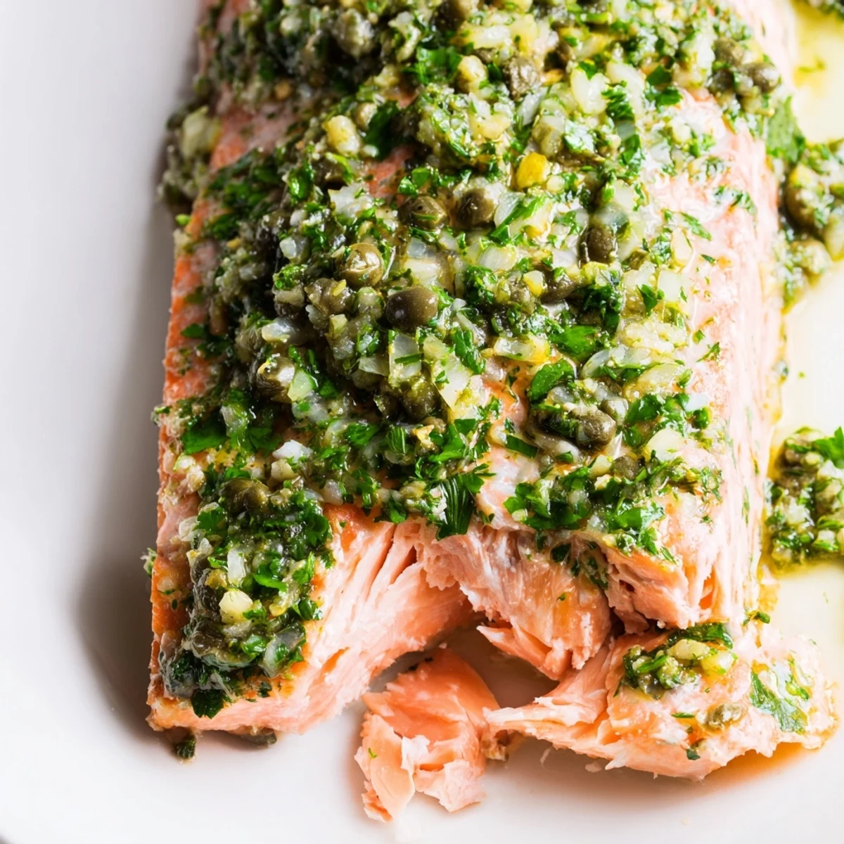 Freshly baked salmon fillet with crispy skin, drizzled with vibrant homemade salsa verde and served with lemon wedges.