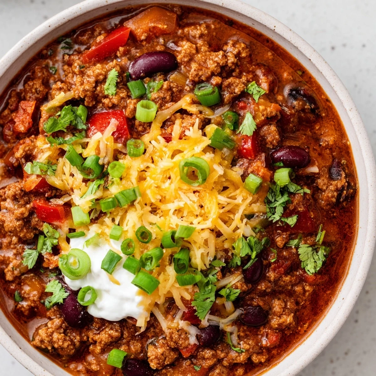Hearty Turkey Chili with kidney beans and avocado, served with tortilla chips on the side.