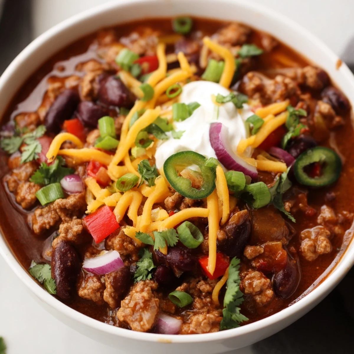Steaming bowl of homemade Turkey Chili topped with melted cheddar and fresh cilantro.
