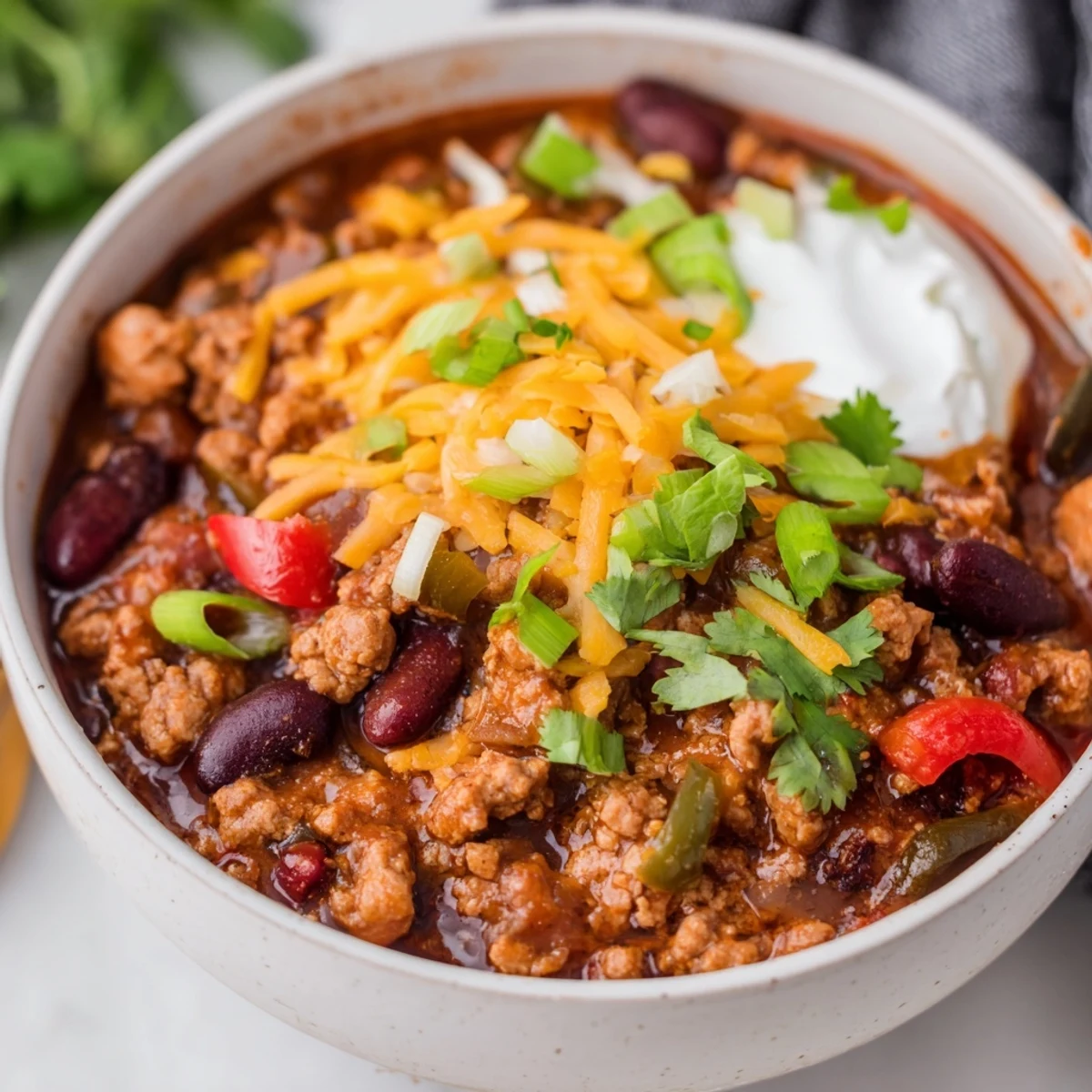 Ground turkey simmering in a rich, spicy chili, garnished with sour cream and green onions.