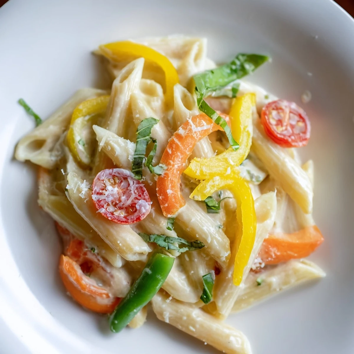 Creamy Pasta Primavera in a white bowl, showcasing vibrant zucchini, bell peppers, and cherry tomatoes tossed in a luscious sauce.