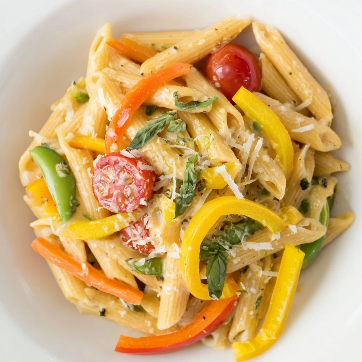 Freshly prepared Creamy Pasta Primavera with fettuccine, bright vegetables, and a sprinkle of Parmesan, perfect for a spring dinner.
