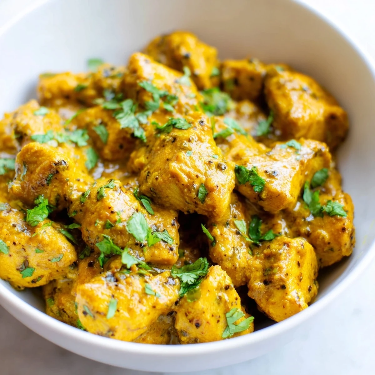 A steaming bowl of Spicy Curry Chicken paired with fluffy basmati rice and fresh cilantro garnish.