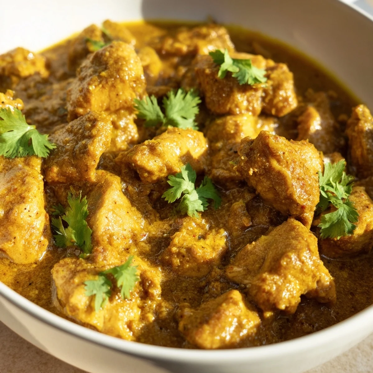 Vibrant red-orange curry sauce clings to tender chicken pieces in this aromatic Spicy Curry Chicken dish.