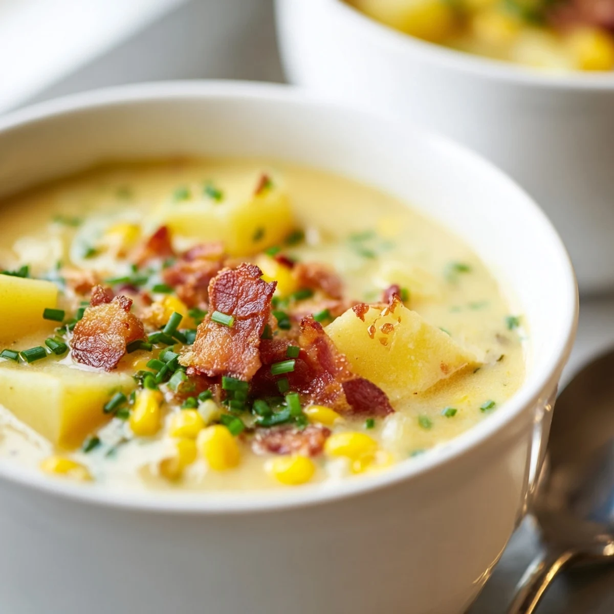 A spoon lifting a ladle of velvety Creamy Corn Chowder reveals tender potatoes and golden corn kernels in a rich, buttery broth. 