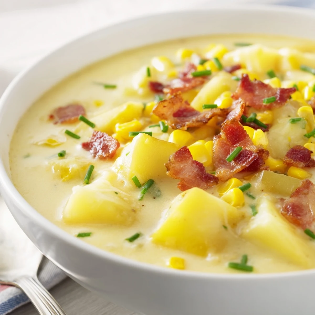 Steaming bowl of Creamy Corn Chowder garnished with parsley, surrounded by fresh ingredients like corn, diced potatoes, and celery on a wooden table.