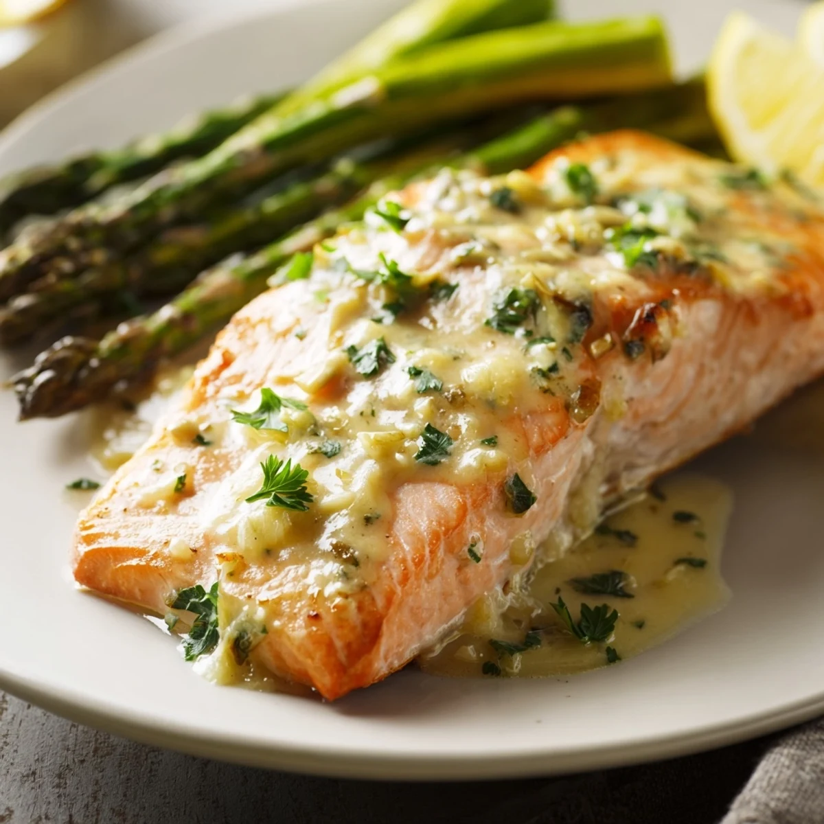 Golden-baked Lemon Garlic Butter Salmon fillets and crisp asparagus spears glistening with buttery lemon sauce on a baking sheet.