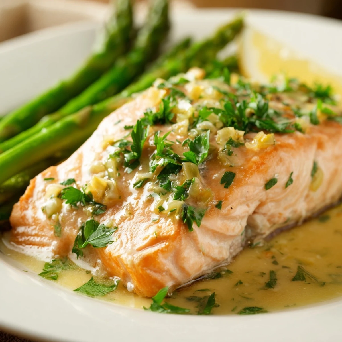 Close-up of flaky Lemon Garlic Butter Salmon next to bright green asparagus, drizzled with garlic butter sauce.