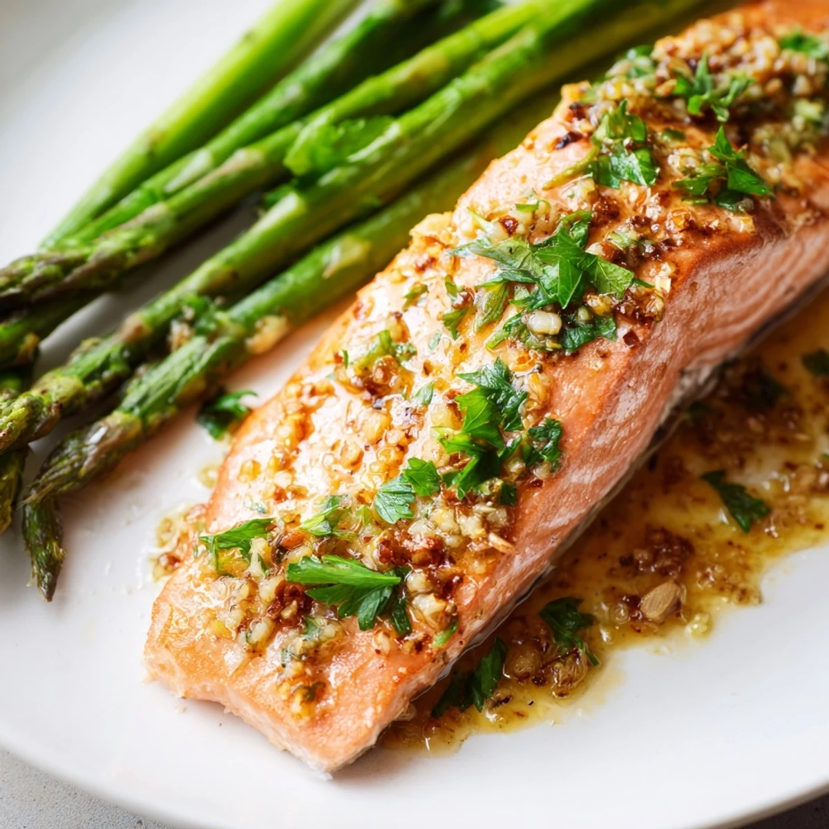 Tender Lemon Garlic Butter Salmon with roasted asparagus, garnished with fresh parsley and lemon slices on a rustic serving platter.
