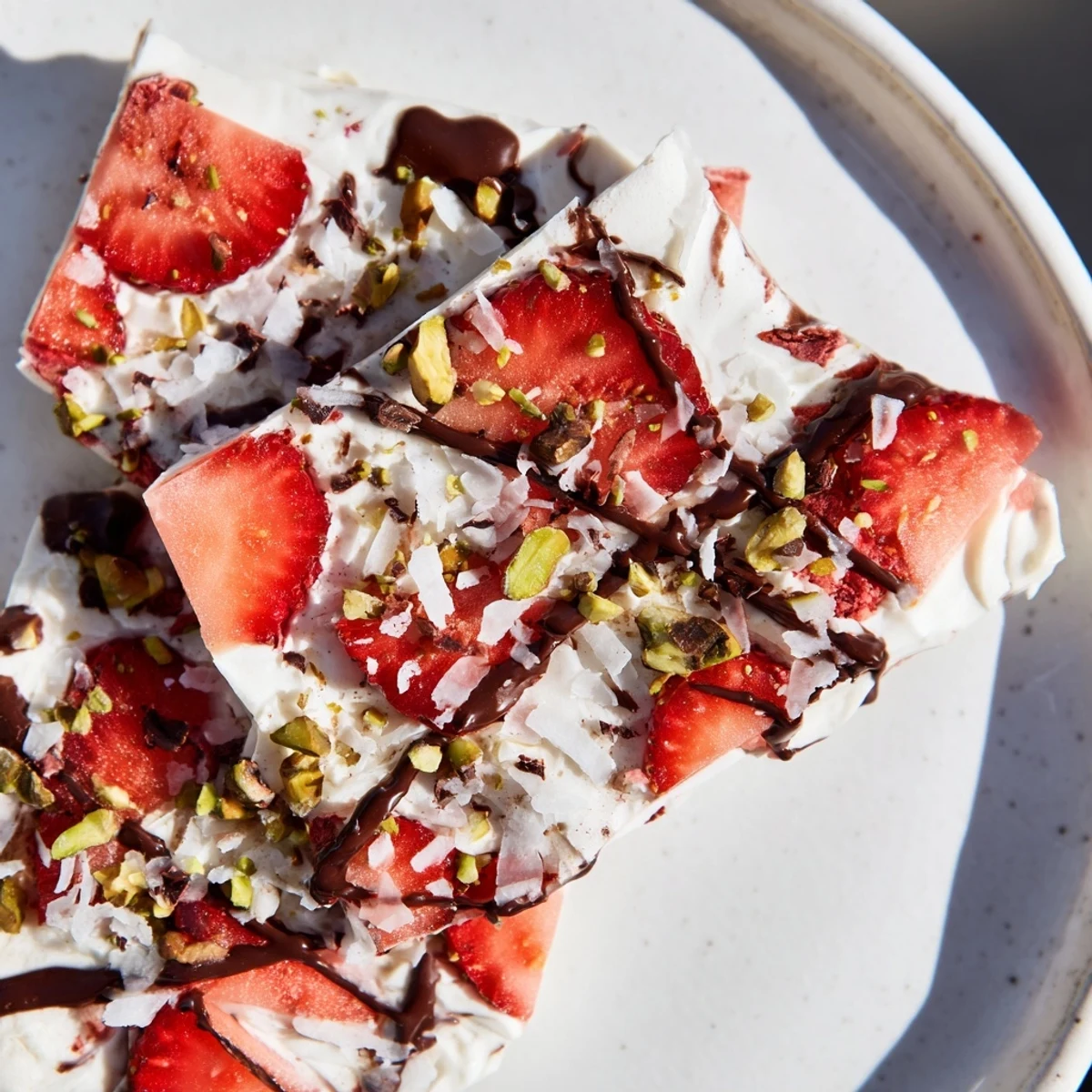 A chilled slice of Chocolate Covered Strawberry Yogurt Bark, topped with sliced strawberries and chopped pistachios, makes a refreshing frozen dessert snack.