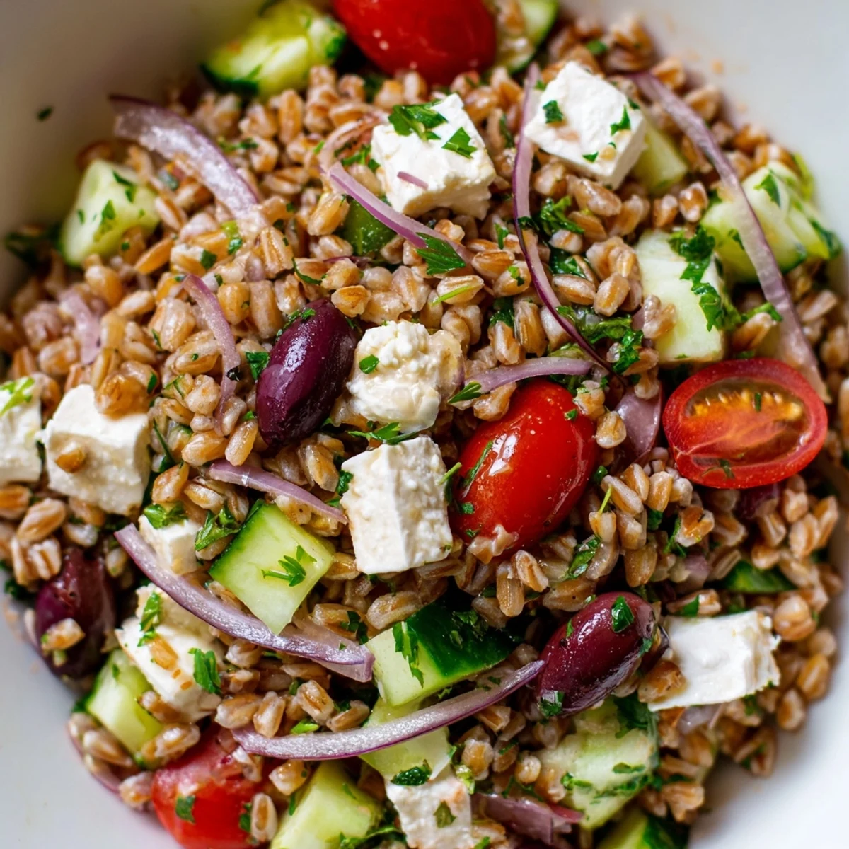 A vibrant bowl of Mediterranean Farro Salad showcases diced cucumbers, juicy tomatoes, and crumbled feta cheese over chewy farro, all glistening with a zesty lemon-olive oil dressing.