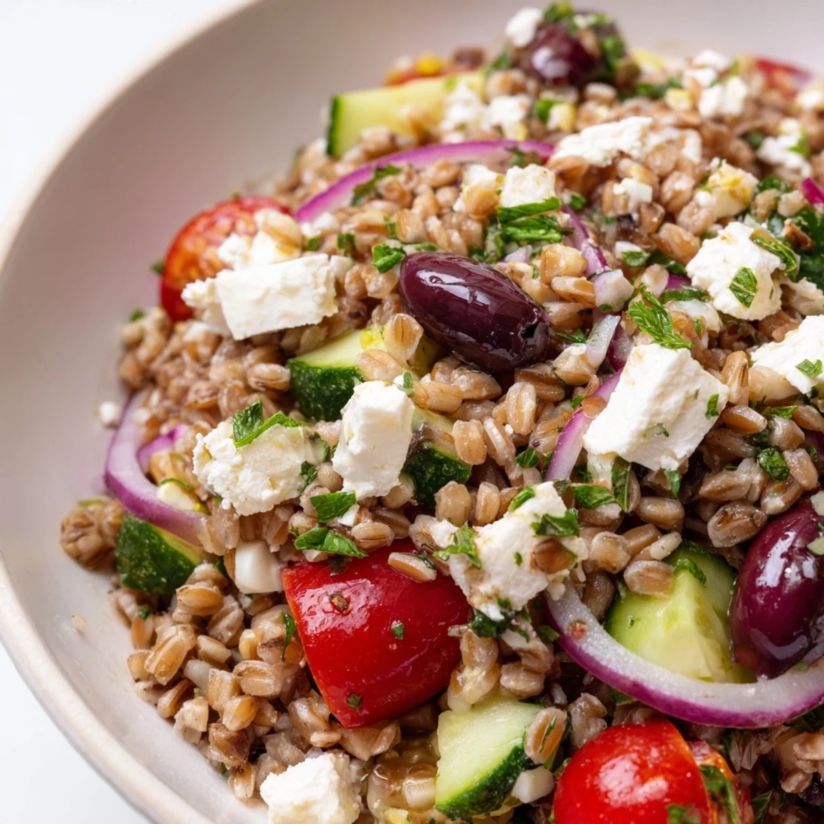 Freshly tossed Mediterranean Farro Salad with crisp cucumber chunks, Kalamata olives, and red onion, topped with crumbled feta and chopped herbs on a rustic plate.