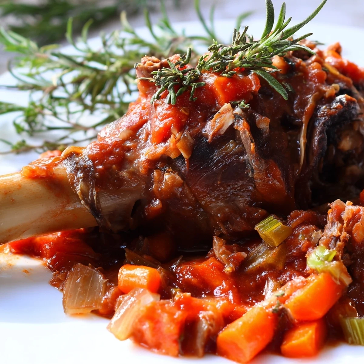 Four Slow Cooked Lamb Shanks in Tomato Herb Sauce rest in a Dutch oven, bathed in glossy red sauce and fresh rosemary sprigs.