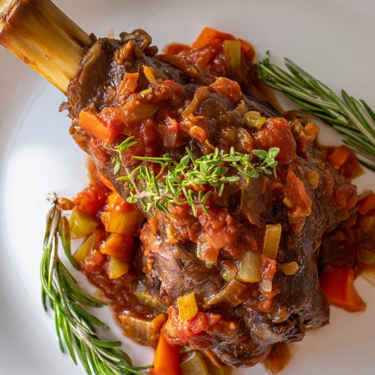 Slow Cooked Lamb Shanks in Tomato Herb Sauce served over creamy polenta with rustic bread on a cozy, candlelit dinner table.